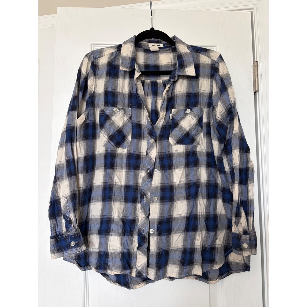 Levis Womens Blue White Plaid Flannel Button Down Shirt Large L Long Sleeve
